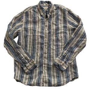 J.Crew Blue and White Striped Irish Linen Slim Fit Button Down Shirt Size Medium